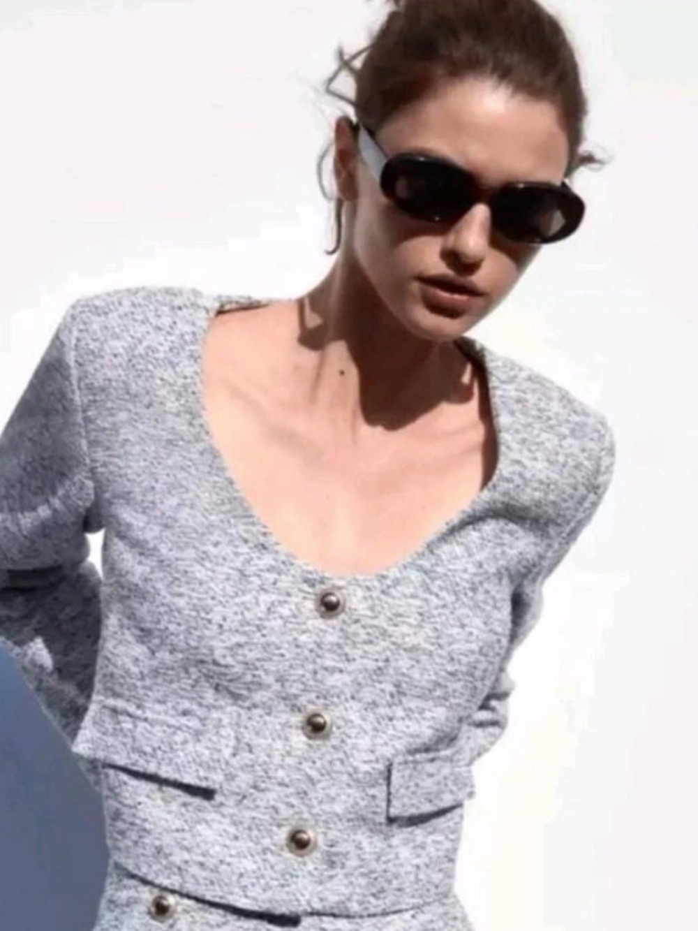 Zara Heather Light Gray V-Neck Buttoned Sweater